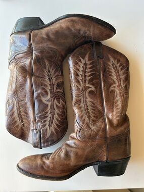 Tony Lama Brown Leather Cowboy Boots with Embroidered Shaft